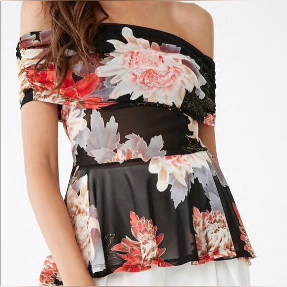 💕5/$18 Libian Sheer Off Shoulder Botanical Top Small - Picture 1 of 4